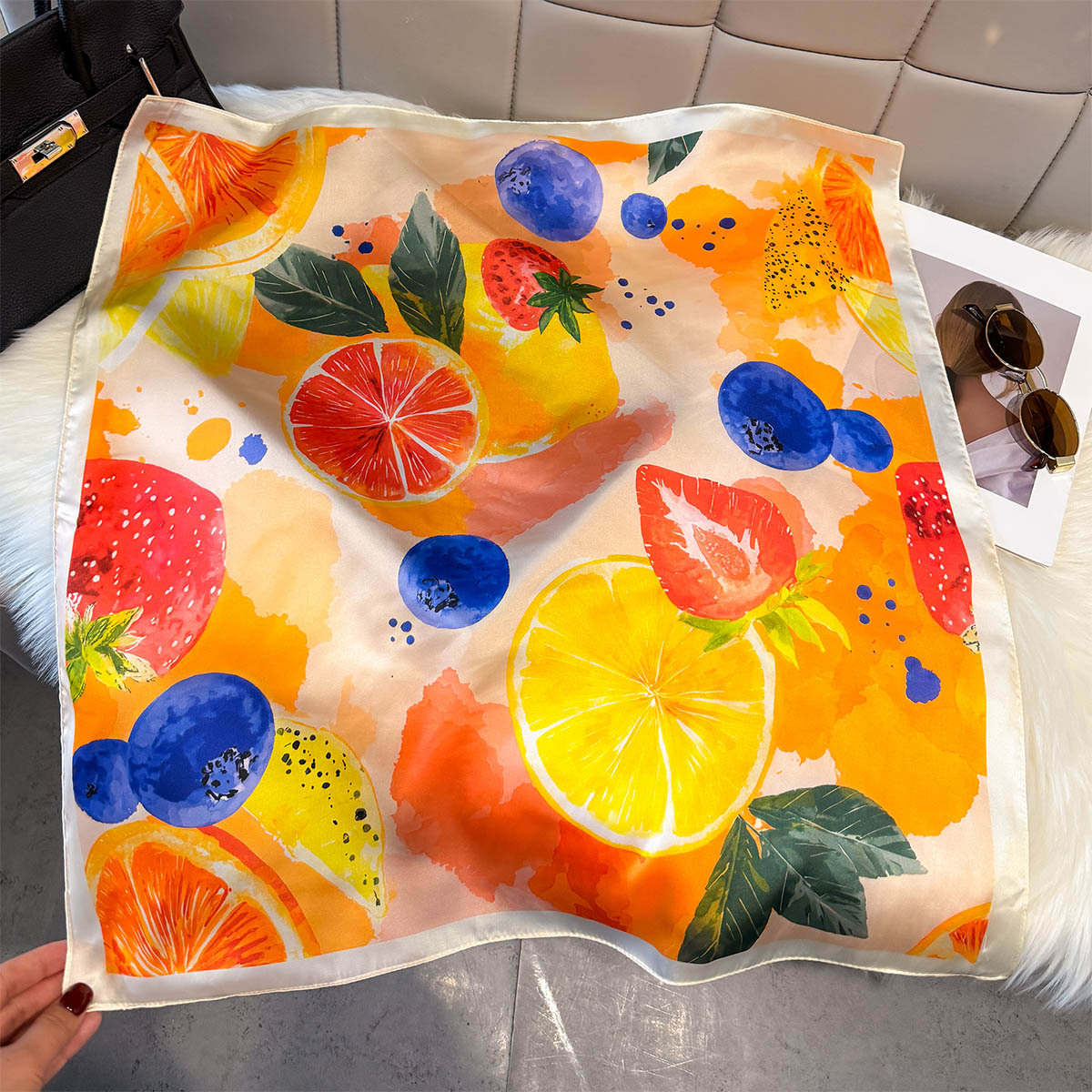 Face Scarf Mask - Fashion Lemon Fruit Pattern Square Silk